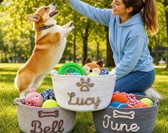 Personalized Pet Basket, Custom Name Rope Basket for Dogs & Cats, Stylish Pet Toy Organizer, New Puppy Welcome Gift