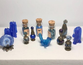 1:12 MINIATURE ACCESSORIES, PROPS for Witch Wizard Dollhouse, Diorama, Room Box - Potion Bottles, Candles, Geode Slice