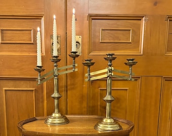 Pair of antique solid brass adjustable 3 arm church altar candelabras