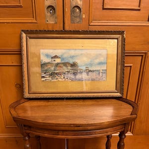 Antique early turn of the century circa 1914 scenic coastal landscape watercolour painting under glass.