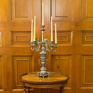 Vintage very ornate 6 arm silver plated candelabra, Art Nouveau Flare.