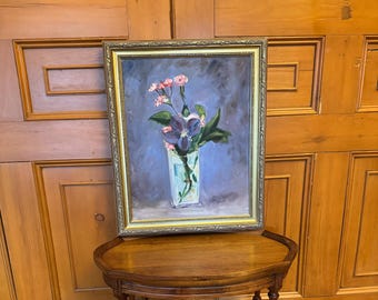 1980’s Still life pink carnations in vase oil painting on canvas  in a gold ornate frame.