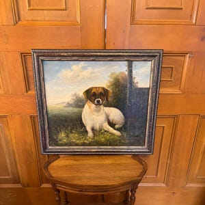 1980-1990 Portrait portrait Jack Russell Terrier sur toile dans un cadre noir de mauvaise humeur.