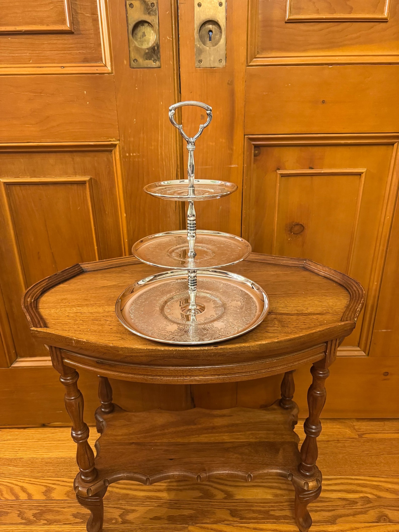 Vintage ornate silver plated 3 tier serving stand.