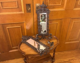 Ornate 19th century Aesthetic Movement mirrored candle wall sconce set