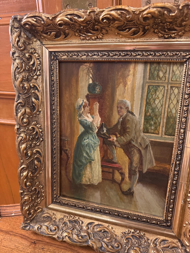 An Antique 19th Century British Genre Painting On Panel In An Ornate an-antique-19th-century-british-genre-painting-on-panel-in-an-ornate