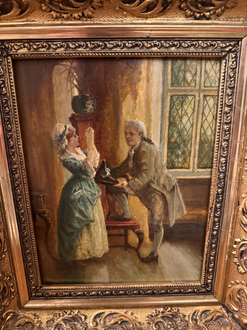 An Antique 19th Century British Genre Painting On Panel In An Ornate an-antique-19th-century-british-genre-painting-on-panel-in-an-ornate