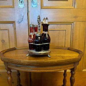 Antique late 19th century / early turn of the century Ruby Red hand blown glass silver plate cruet set