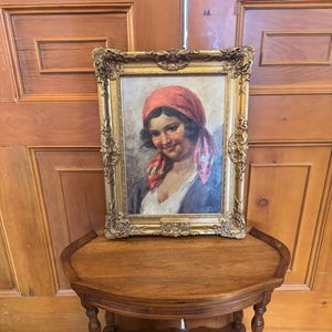 Antique early 20th century (early 1900’s) genre portrait oil painting on canvas titled ‘La Gioconda’ by listed known artists Antonio Vallone