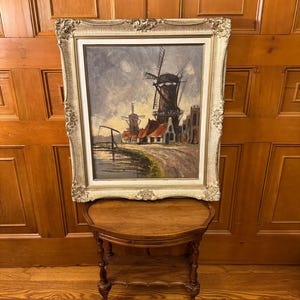 Vintage mid 20th century and original Dutch Impressionist painting. Dutch Windmill in an ornate wood frame