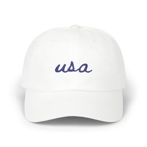 USA Handwritten Script Classic Dad Cap, Patriotic Minimal Aesthetic Preppy Style, 4th of July Summer Accessory, White Blue Hat, Simple Clean