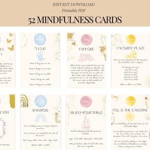 Könnte beinhalten: Eine Sammlung von 52 Achtsamkeitskarten mit verschiedenen Übungen, darunter Atemtechniken und Anregungen zur Selbstreflexion. Jede Karte hat ein einzigartiges Design mit Aquarellakzenten und Text. Die Karten sind als druckbares PDF konzipiert.