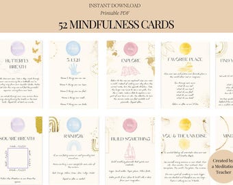 52 Mindfulness Cards, Reduce Anxiety, Cultivate Calm, Create a Meditation Practice, Digital Download and Printable