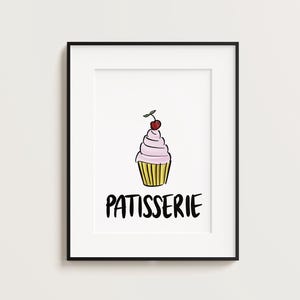 Patisserie Print, Modern Kitchen Prints, French Bakery Sign, Cafe Poster Print, Cafe Art Prints, Cupcake, Cherry, Kitchen Art Print