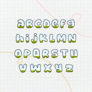 Puede incluir: Un alfabeto completo en una fuente caprichosa de estilo burbuja. Cada letra est&aacute; delineada en negro con un centro transparente, mostrando un cielo y un dise&ntilde;o de paisaje verde. Las letras est&aacute;n dispuestas en cuatro filas sobre un fondo de papel cuadriculado.