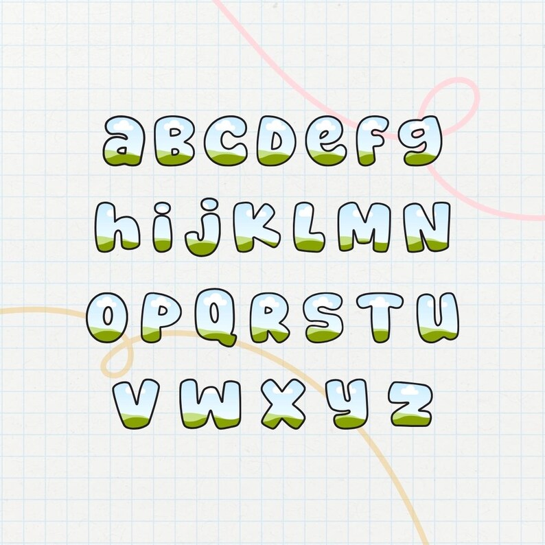 Puede incluir: Un alfabeto completo en una fuente caprichosa de estilo burbuja. Cada letra est&aacute; delineada en negro con un centro transparente, mostrando un cielo y un dise&ntilde;o de paisaje verde. Las letras est&aacute;n dispuestas en cuatro filas sobre un fondo de papel cuadriculado.