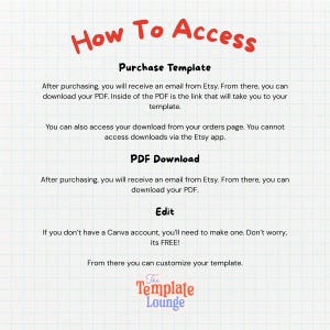 Puede incluir: Una gu&iacute;a digital titulada "How To Access" sobre un fondo de papel cuadriculado. El texto explica c&oacute;mo descargar una plantilla comprada en Etsy, incluyendo el acceso PDF e instrucciones de edici&oacute;n. El logotipo de Template Lounge est&aacute; en la parte inferior.