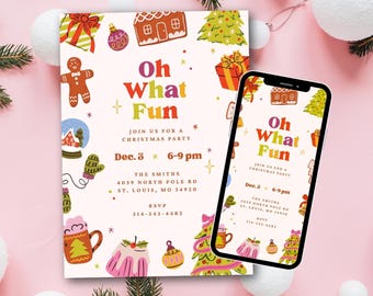 May include: A Christmas party invitation with the text "Oh What Fun" in colorful letters. The invitation features festive illustrations of gingerbread men, gifts, and Christmas trees. A smartphone displays the same invitation.