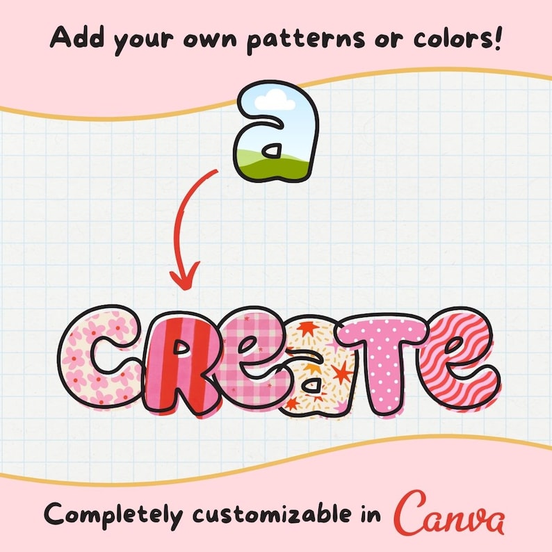 Puede incluir: Gr&aacute;fico colorido con la palabra "create" en letras estampadas. La letra "a" es una imagen de cielo y hierba. El texto superior dice "&iexcl;A&ntilde;ade tus propios patrones o colores!" y debajo "Completamente personalizable en Canva."