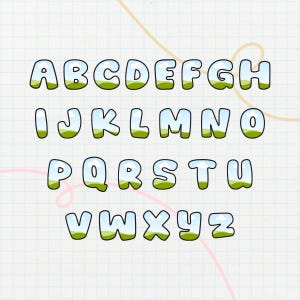 Puede incluir: Un alfabeto completo en letras de burbujas, cada una rellena con un &aacute;rea de hierba verde y un cielo azul. Las letras est&aacute;n delineadas en azul claro, creando un dise&ntilde;o l&uacute;dico. El fondo presenta un patr&oacute;n de cuadr&iacute;cula.