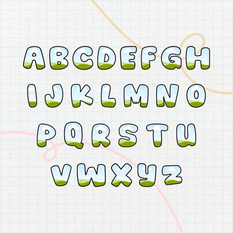 Puede incluir: Un alfabeto completo en letras de burbujas, cada una rellena con un &aacute;rea de hierba verde y un cielo azul. Las letras est&aacute;n delineadas en azul claro, creando un dise&ntilde;o l&uacute;dico. El fondo presenta un patr&oacute;n de cuadr&iacute;cula.