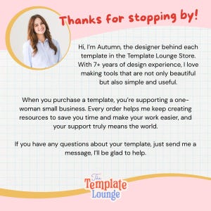 Puede incluir: Imagen promocional con fondo rosa y blanco. El texto dice "&iexcl;Gracias por visitarnos!" e incluye una foto de una mujer. El logotipo de Template Lounge est&aacute; en la parte inferior, con texto sobre el dise&ntilde;ador y las plantillas.