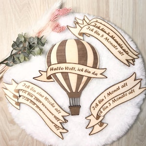 Meilensteinkarten Baby, Heißluftballon mit austauschbaren Bannern, Meilensteine aus Holz, Geschenk Geburt, Geschenk Babyparty, Meilensteine