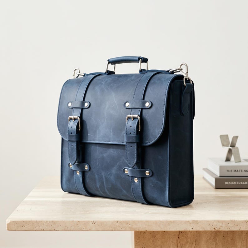 May include: A dark blue satchel with a matte finish, featuring two vertical straps with silver-toned metal buckles, a top handle, and side attachment points for a shoulder strap. The bag has a structured rectangular shape with visible stitching.