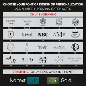 May include: A chart displaying twenty personalization options for engraving, including various fonts, monograms, and symbols like a fire department badge, police shield, and sheriff star. Below, a section for stamping shows options for no text, blind embossing, and gold.