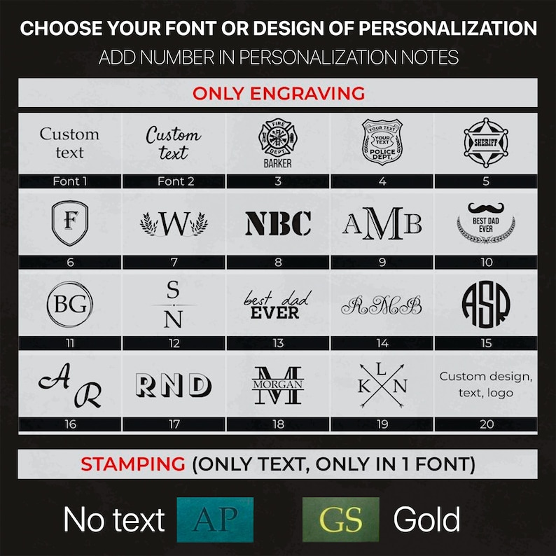 May include: A chart displaying twenty personalization options for engraving, including various fonts, monograms, and symbols like a fire department badge, police shield, and sheriff star. Below, a section for stamping shows options for no text, blind embossing, and gold.