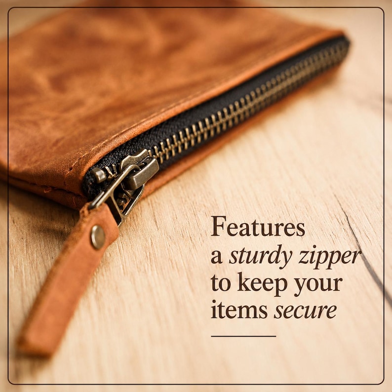 Pu&ograve; includere: Primo piano di una custodia in pelle marrone con una robusta cerniera nera e un tirazip in metallo. Il testo sull'immagine recita: "Features a sturdy zipper to keep your items secure."