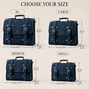 May include: Four dark blue satchel bags in sizes XL, Large, Medium, and Small, each featuring two front straps with metal buckles and a top handle. Dimensions are clearly labeled in inches and centimeters, ranging from 11.8 to 7.5 inches in height.
