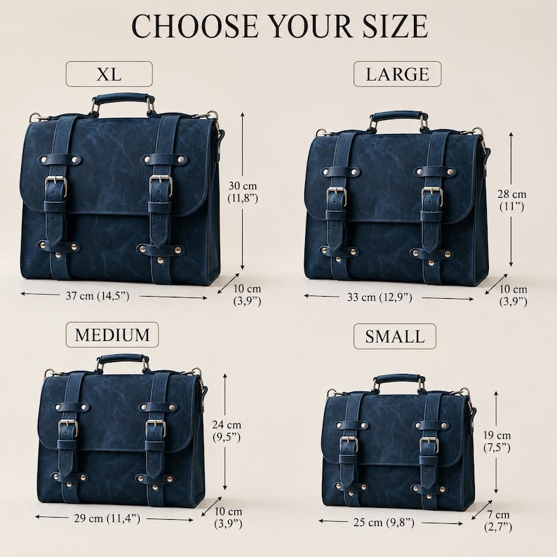 May include: Four dark blue satchel bags in sizes XL, Large, Medium, and Small, each featuring two front straps with metal buckles and a top handle. Dimensions are clearly labeled in inches and centimeters, ranging from 11.8 to 7.5 inches in height.