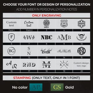 Pu&ograve; includere: Un grafico che mostra le opzioni di font e design per la personalizzazione, tra cui testo personalizzato, loghi e vari simboli. Le opzioni sono etichettate con numeri e includono il testo "ONLY ENGRAVING" e "STAMPING (ONLY TEXT, ONLY IN 1 FONT)". Sono mostrate anche le opzioni di colore.