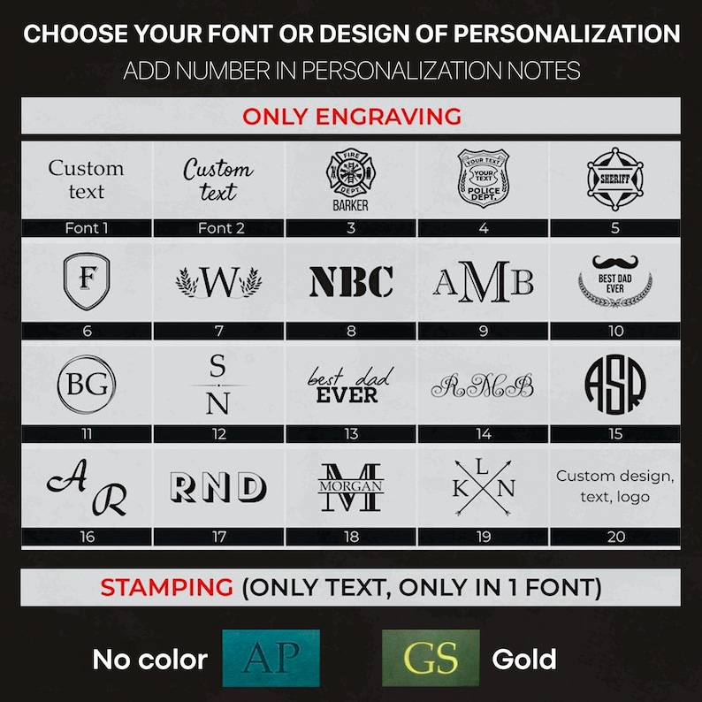 Pu&ograve; includere: Un grafico che mostra le opzioni di font e design per la personalizzazione, tra cui testo personalizzato, loghi e vari simboli. Le opzioni sono etichettate con numeri e includono il testo "ONLY ENGRAVING" e "STAMPING (ONLY TEXT, ONLY IN 1 FONT)". Sono mostrate anche le opzioni di colore.