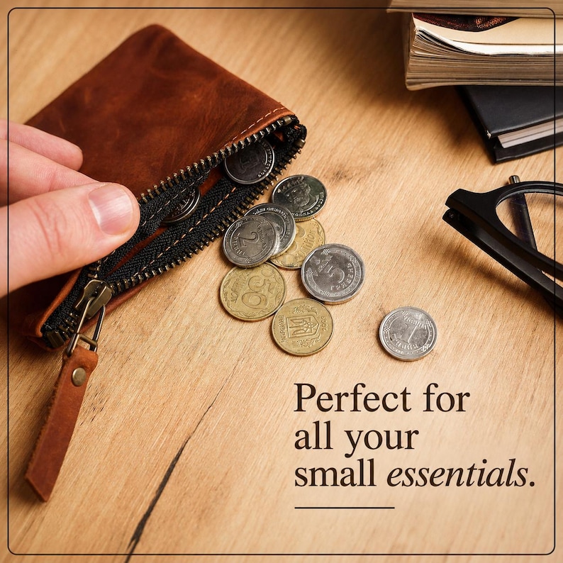 Pu&ograve; includere: Un portafoglio in pelle marrone con cerniera, aperto per rivelare diverse monete. Il portafoglio &egrave; su una superficie di legno, con il testo "Perfect for all your small essentials."