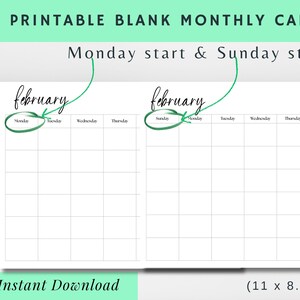 Minimalist Blank Calendar: Printable Monthly Planner (Sunday + Monday Start) (PDF Download)