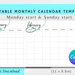 Monthly Blank Calendar Template, Canva Editable, 12 Month Blank Calendars, Undated, Instant Download, Printable Editable, Monthly Calendar
