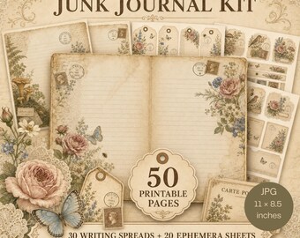 Vintage Botanical Junk Journal Kit, 50 Printable Pages, Cottage Garden Ephemera (Digital Download)