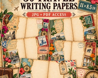 Vintage Travel Journal Pages, 30 Lined & Unlined Spreads (Digital Download)