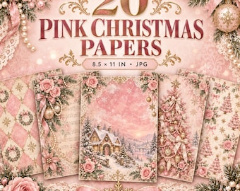 Pink Christmas Digital Paper Bundle, 20 Shabby Chic JPG Pages, Scrapbook Papers (digital download)