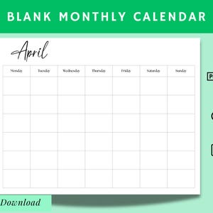 Minimalist Blank Calendar: Printable Monthly Planner (Sunday + Monday Start) (PDF Download)