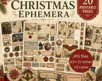 Vintage Christmas Ephemera Junk Journal Kit, Victorian Santa Tags, Cards (Digital Download)
