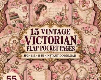 Vintage Victorian Flap Pockets Printable, 15 Dusty Pink Junk Journal Pages, 8.5x11 JPG Digital Download, Pocket Templates