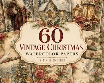 60 Vintage Christmas Watercolor Papers, Victorian Cottagecore Junk Journal Pages (Digital Download)