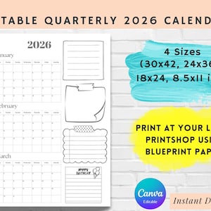 Editable Quarterly 2026 Calendar Template, Printable Wall Calendar, Minimalist Design, 2026 Jumbo Calendar, Printable Monthly  Calendar