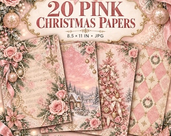 Pink Christmas Digital Papers, Shabby Chic Holiday Scrapbook Bundle (20 JPG Pages)