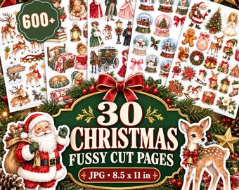 30 Christmas Fussy Cut Pages, Whimsical Holiday Clipart (Digital Download)