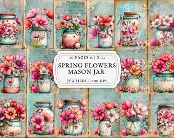 Spring Flowers Mason Jar Junk Journal Pages Scrapbook Supply Printable Paper Ephemera Kit DIY