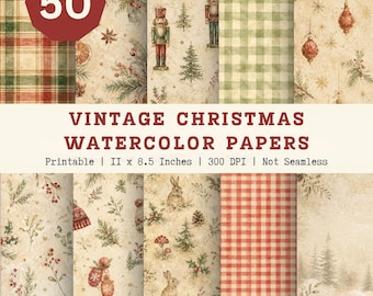50 Vintage Christmas Watercolor Papers, Printable Scrapbook, Junk Journal Backgrounds (JPG PNG)